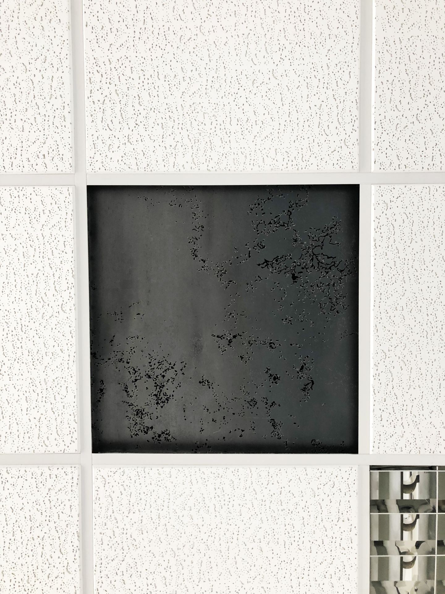 a photo of an institutional panel ceiling, with one panel replace by a black square.