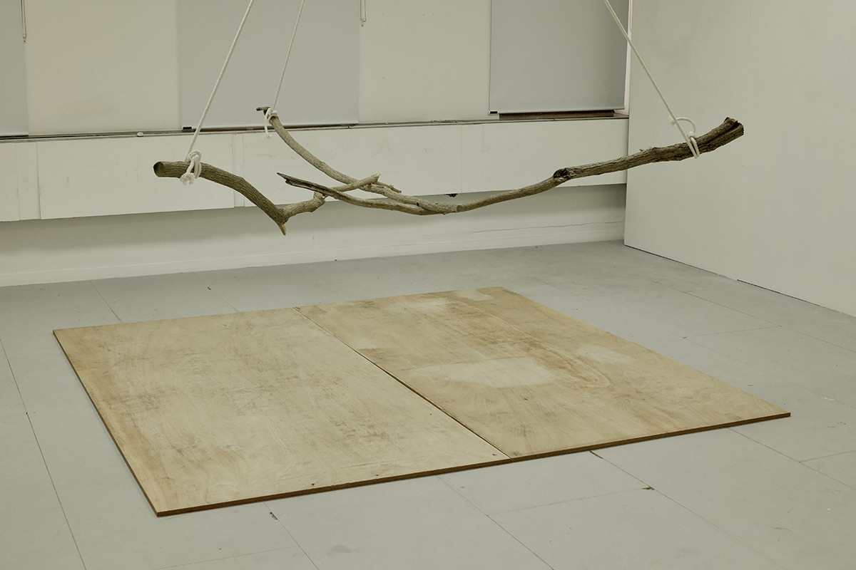 An installation comprised of wooden objects.