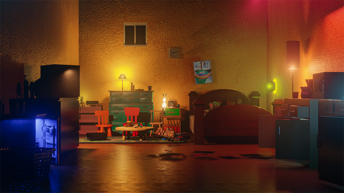 A still of a child's bedroom from a 3D animation about memory distortion and cyclical thought patterns.