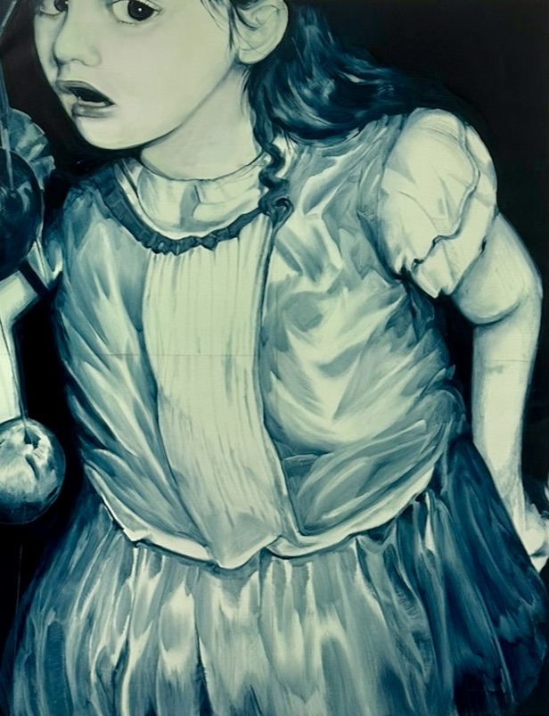 A blue-tinged oil painting of a girl in a dress.