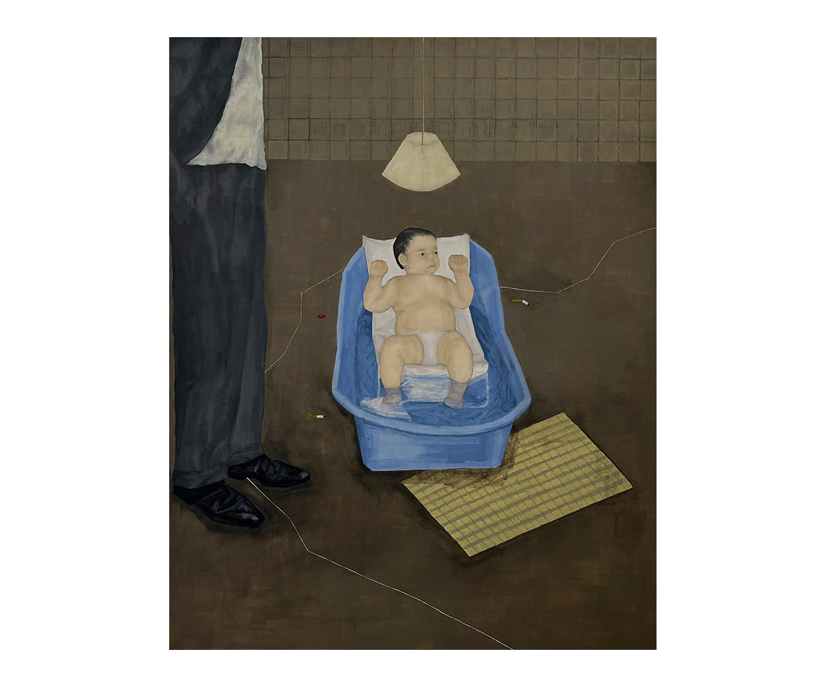 An oil painting of a  baby taking a bath on the floor, next to which stands a man observing him.