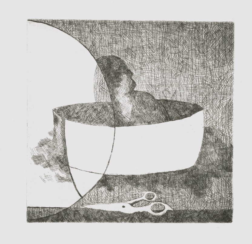 A black and white dry point etching of a bowl and some scissors.