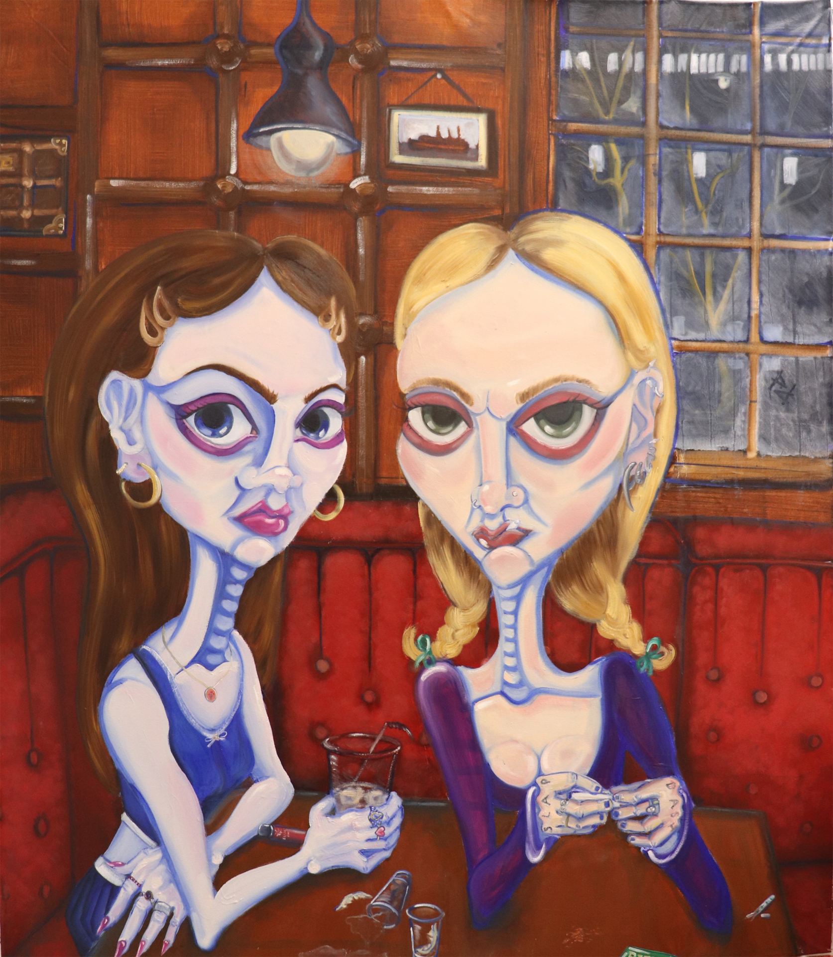 An oil painting of two cartoonish women in a pub.