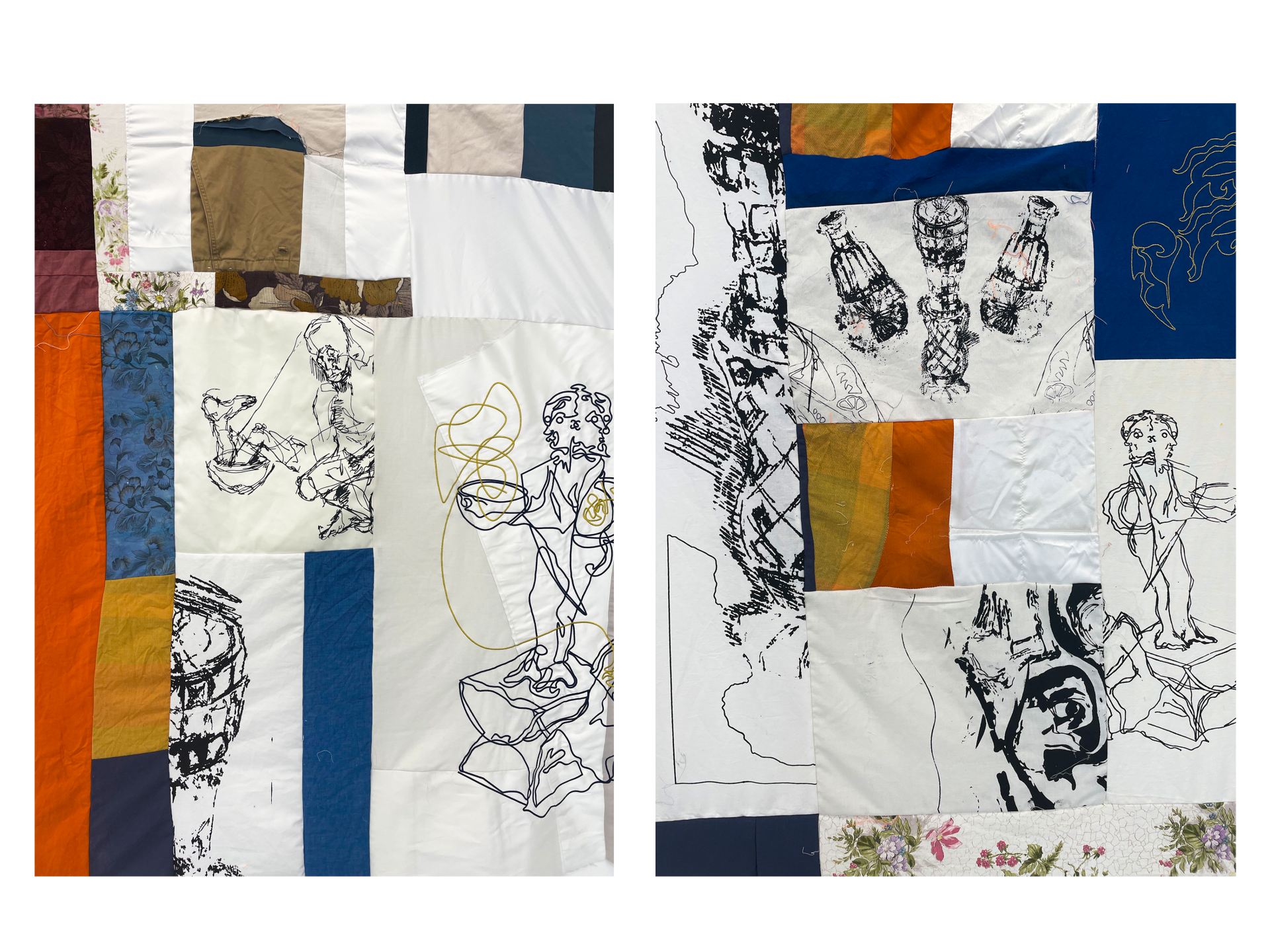 An image of several black and white abstract drawings on fabric.