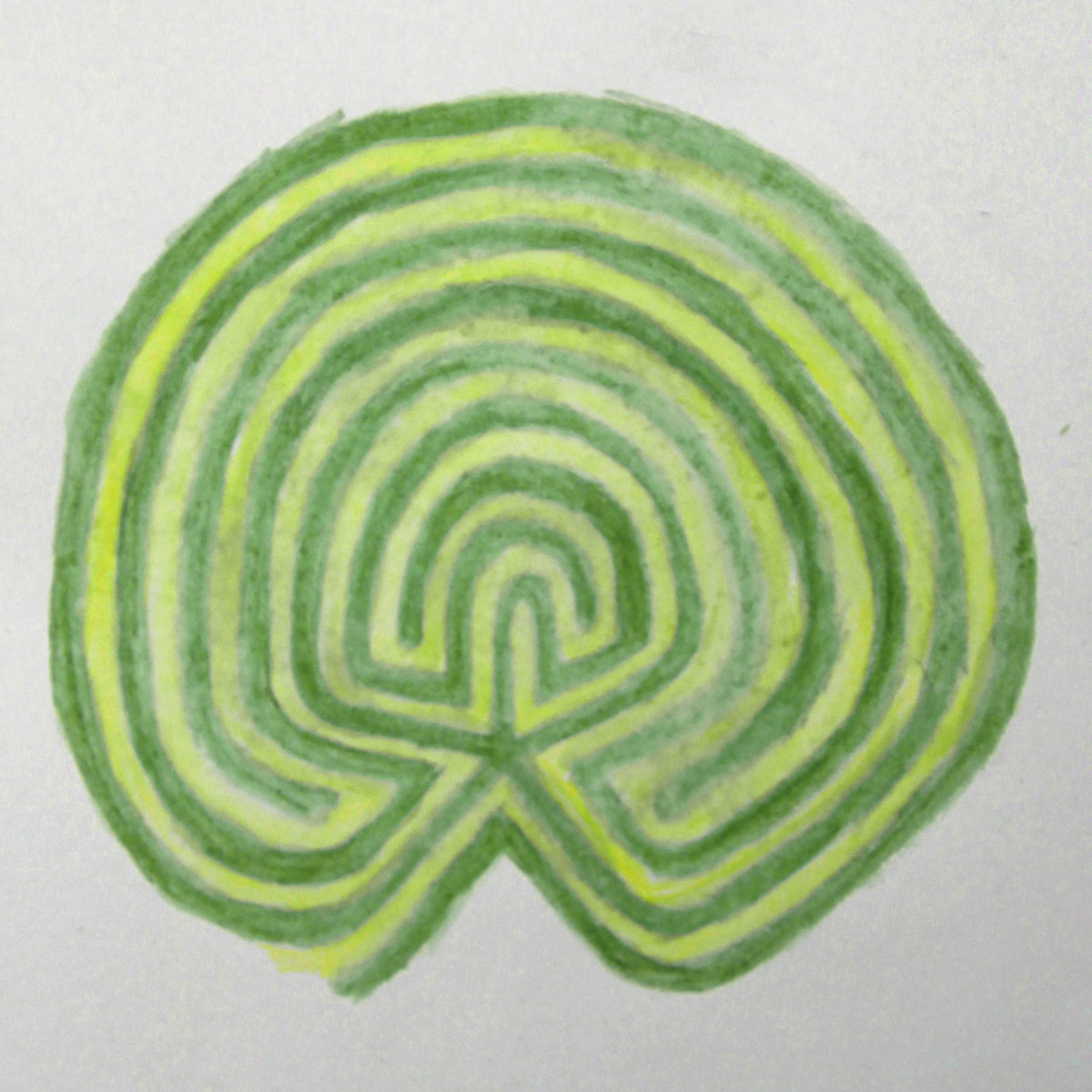 A drawing of a variation on a classic-style labyrinth with a 5-point centre, drawn in thick green lines with a light green-yellow inner path. The pencil marks have been wet to give a watercolour appearance.