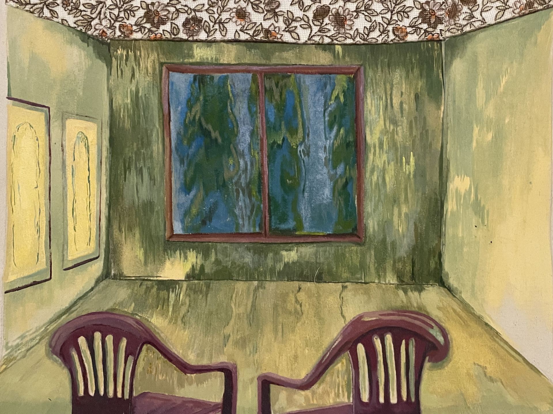An acrylic painting of a room with a window looking out into the garden and two garden chairs inside the house. 