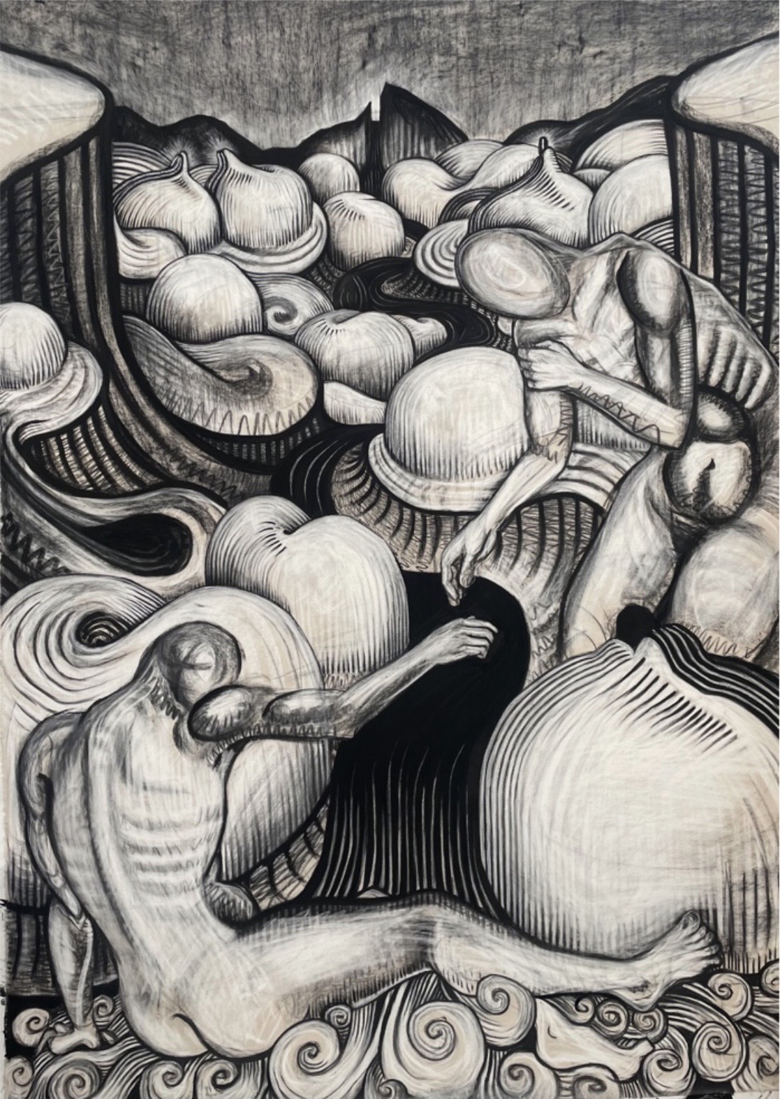 A large-scale monochromatic drawing of two figures and a river.