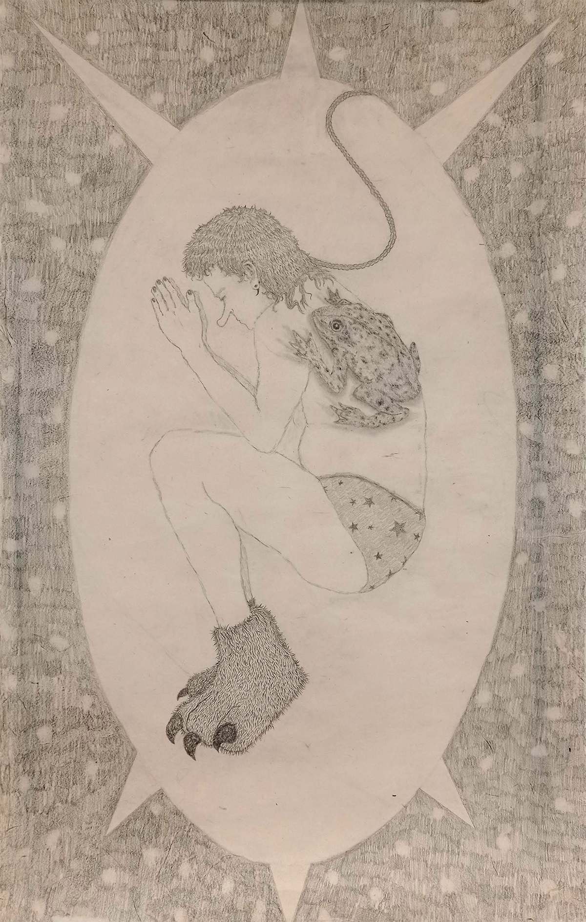 A graphite portrait of a person in starry pants with large furry feet, curled up with a frog on their back.