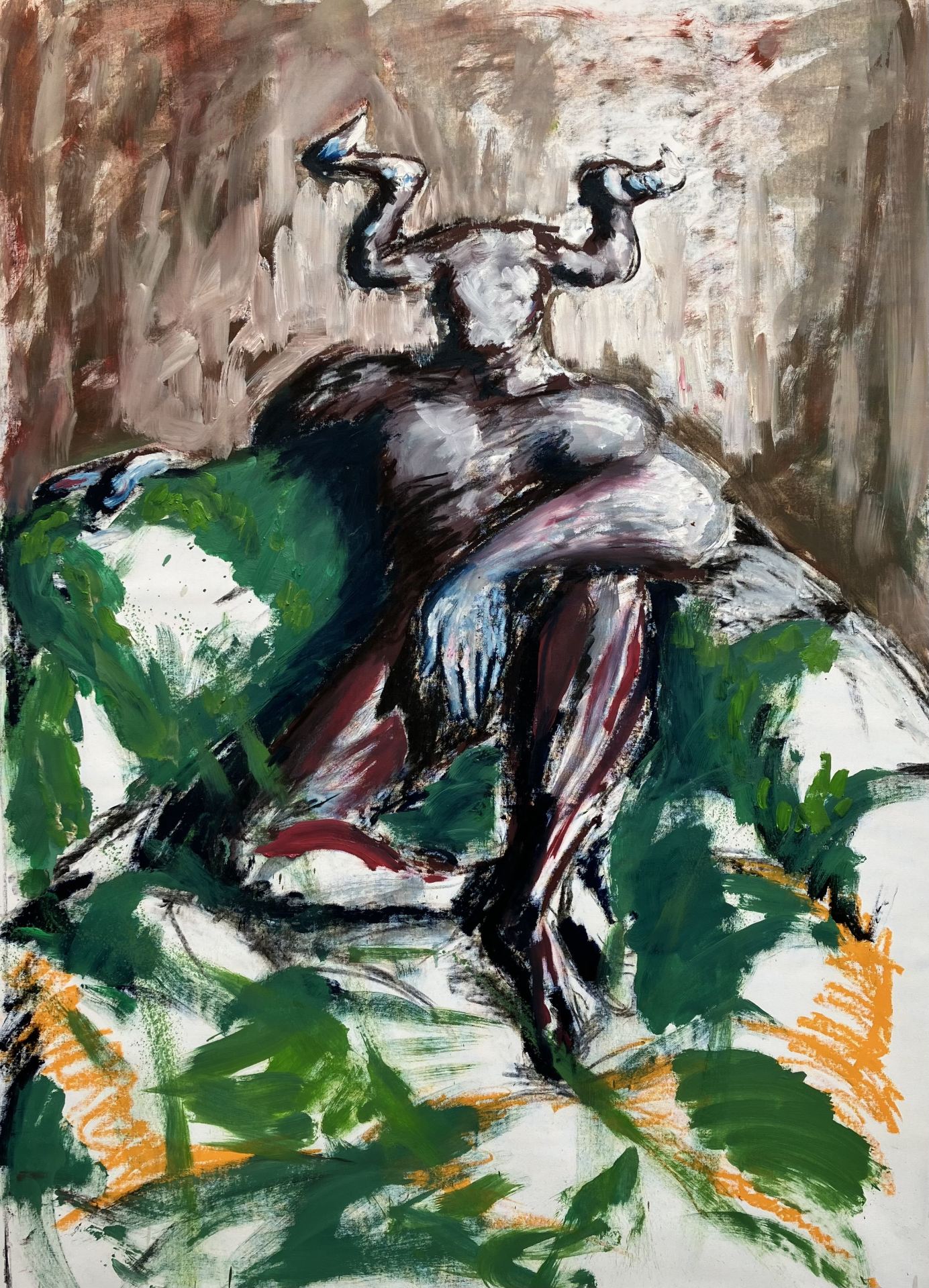 An oil painting of a horned figure sitting on a green object against a brown background.