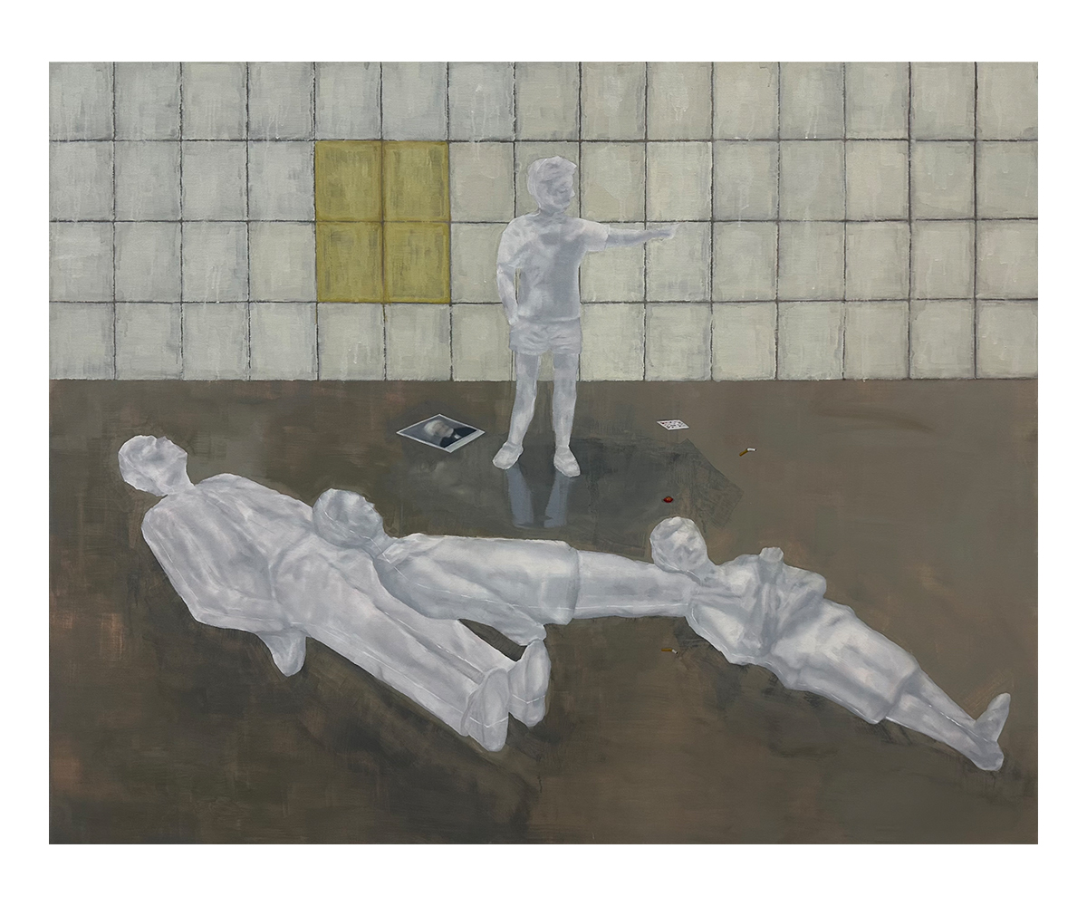 An oil painting of White figures lying on the floor. A white figure of a child is standing in a water puddle above those lying down.