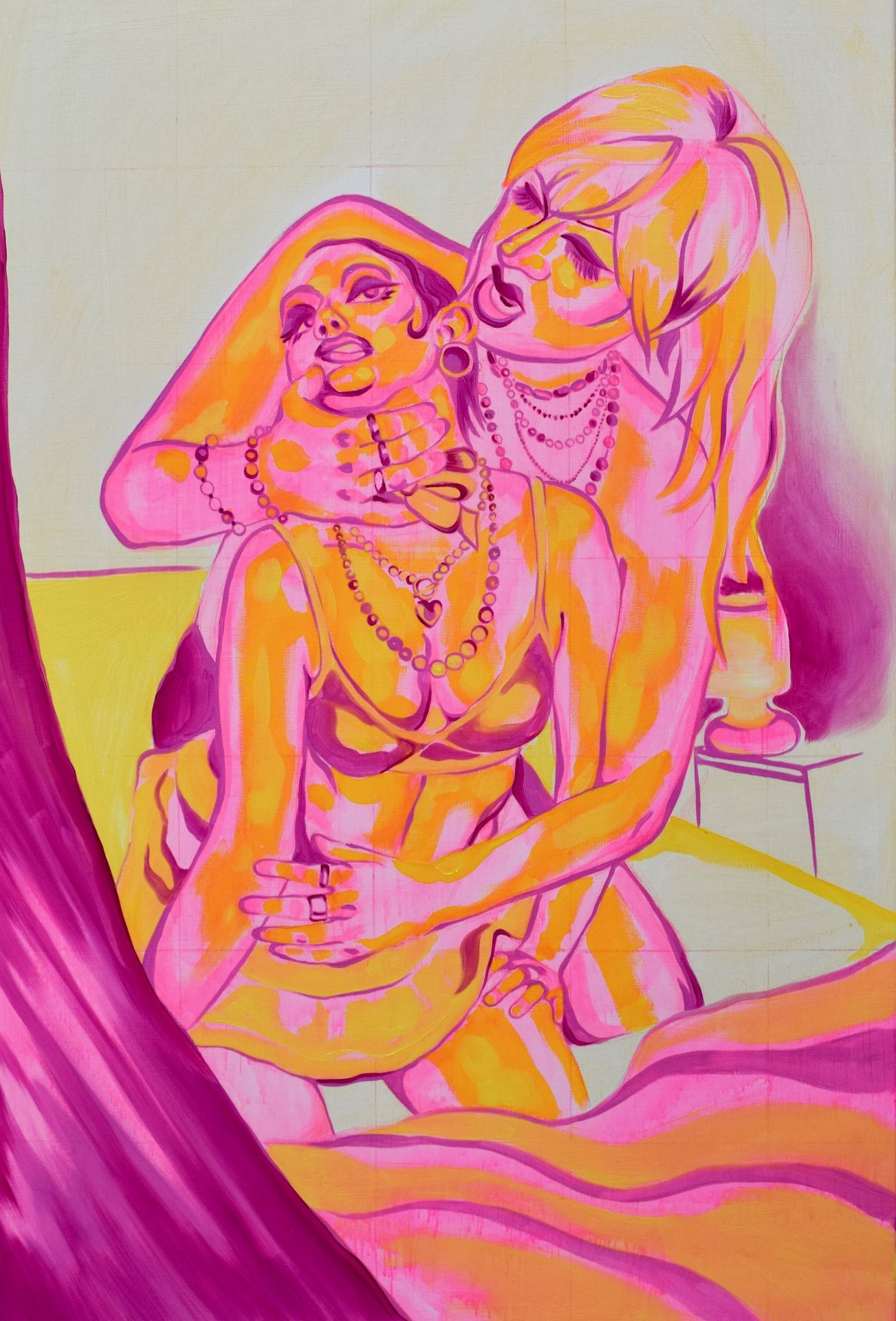 A pink and yellow painting of two women.