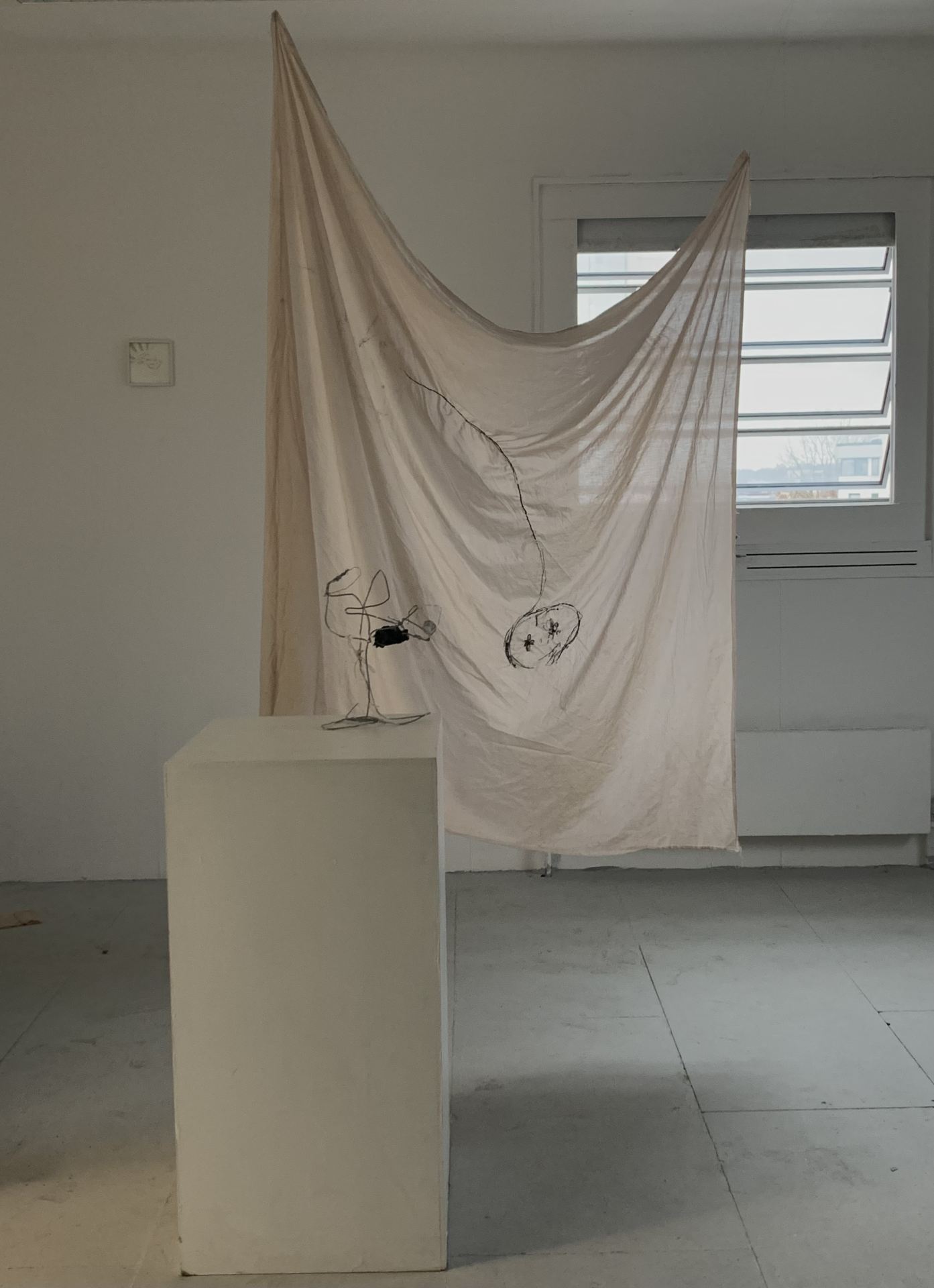 An image of an installation with a wire sculpture on a white plinth and a sheet that has been digitally embroidered hanging in front of a window.