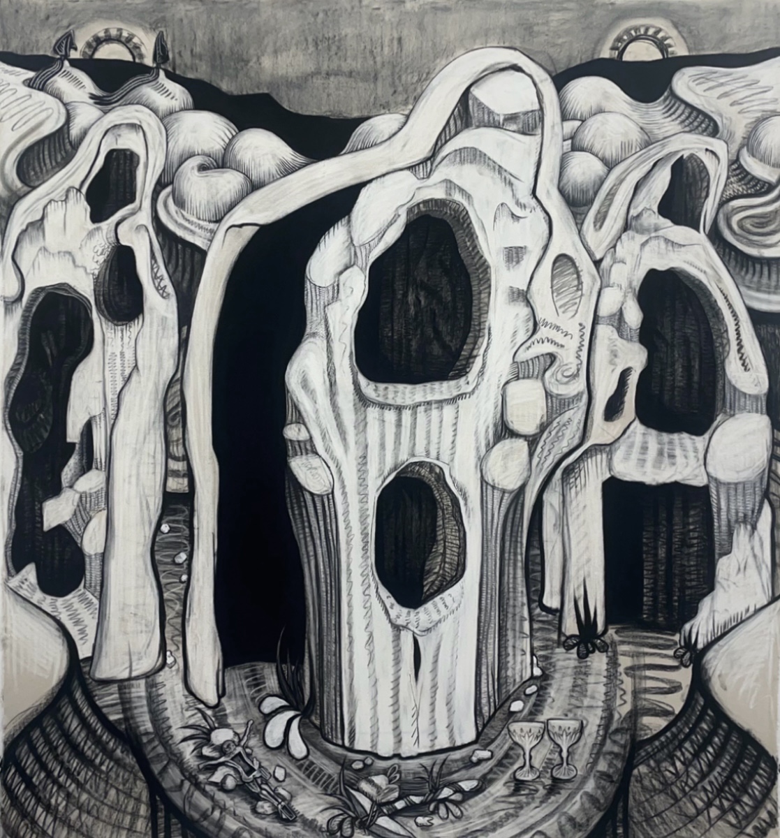 A large-scale monochromatic drawing of three monolithic geological forms.