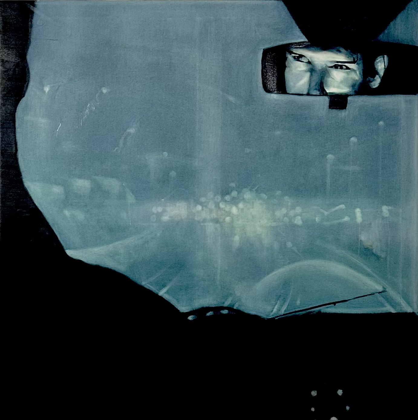 A blue-tinged oil painting of a main looking in a rear-view mirror.
