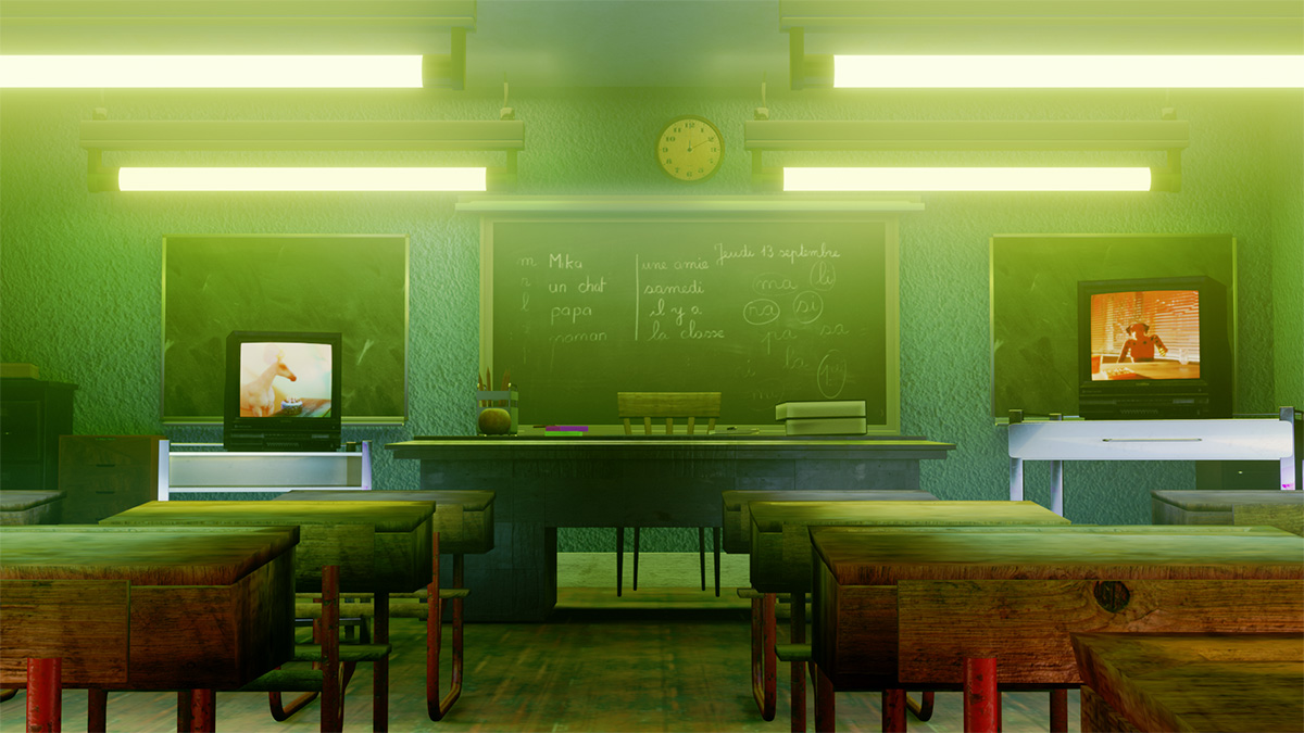A still of a classroom from a 3D animation about memory distortion and cyclical thought patterns.
