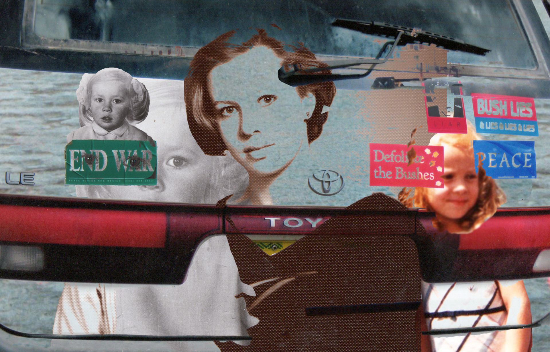 A photoshop collage of a family photo, superimposed over an image of a car bonnet.