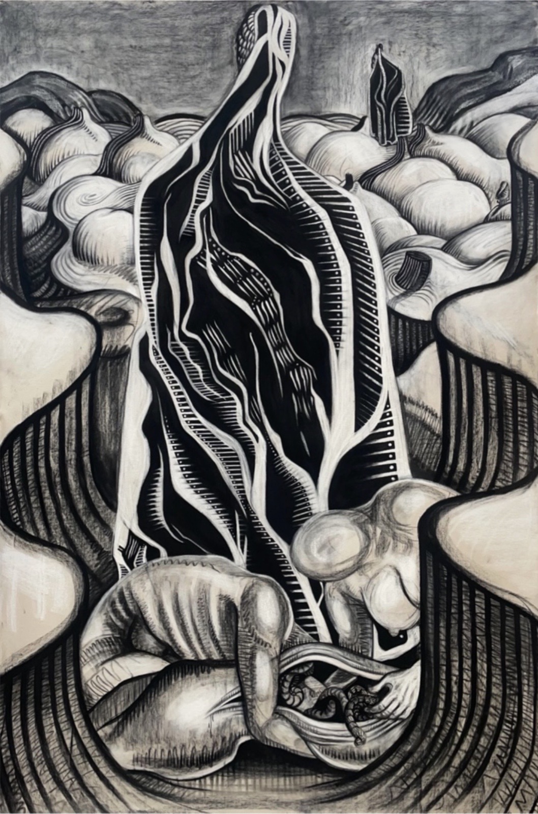 A large-scale monochromatic charcoal drawing of a sacrificial ritual.