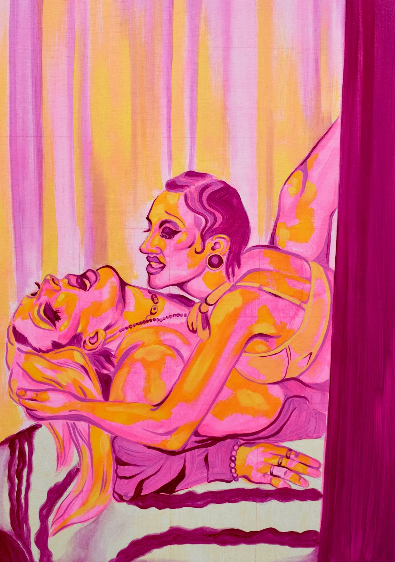 A pink and yellow painting of two women on a bed.