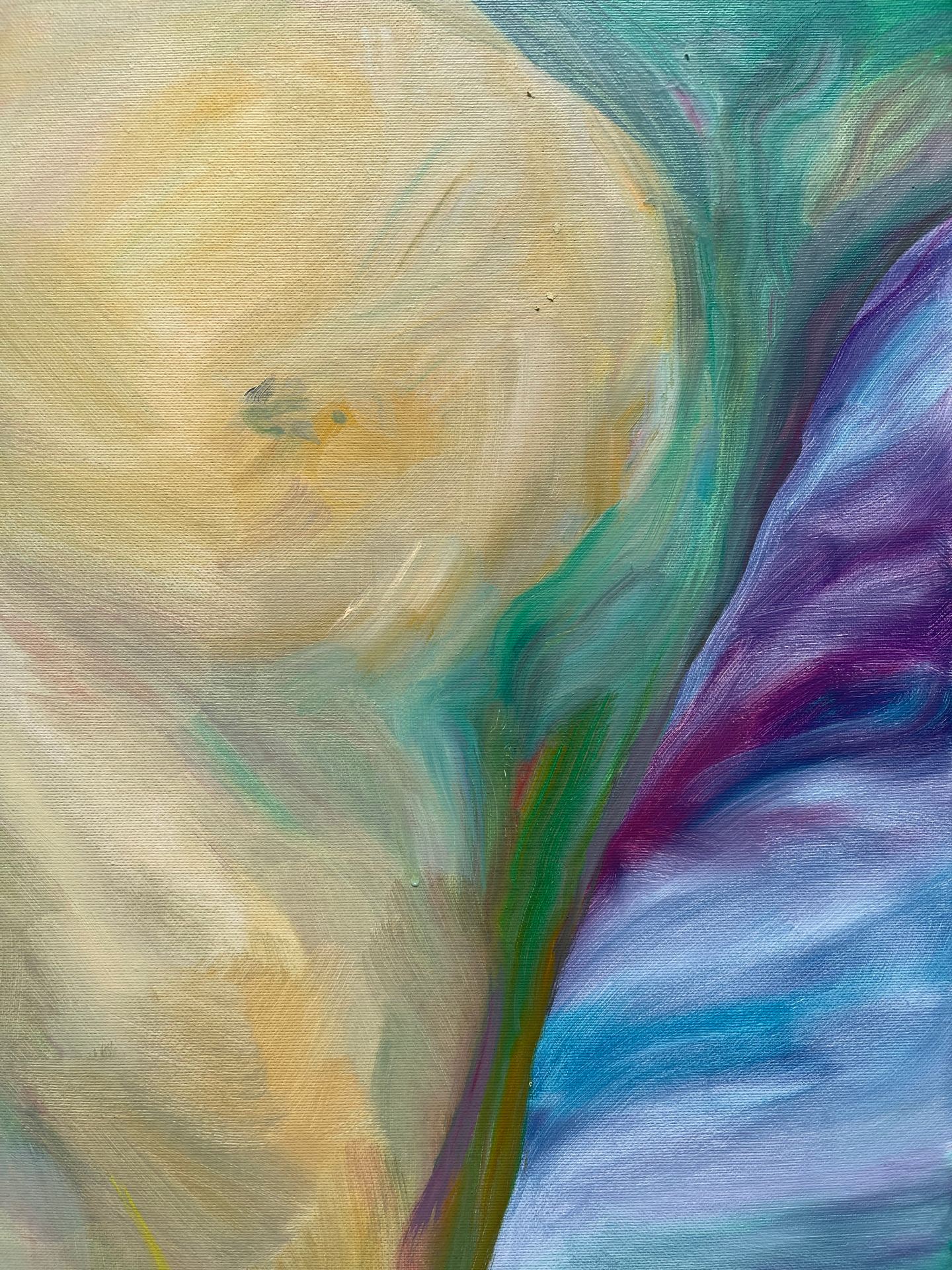 A painting of an abstract, multicoloured landscape.