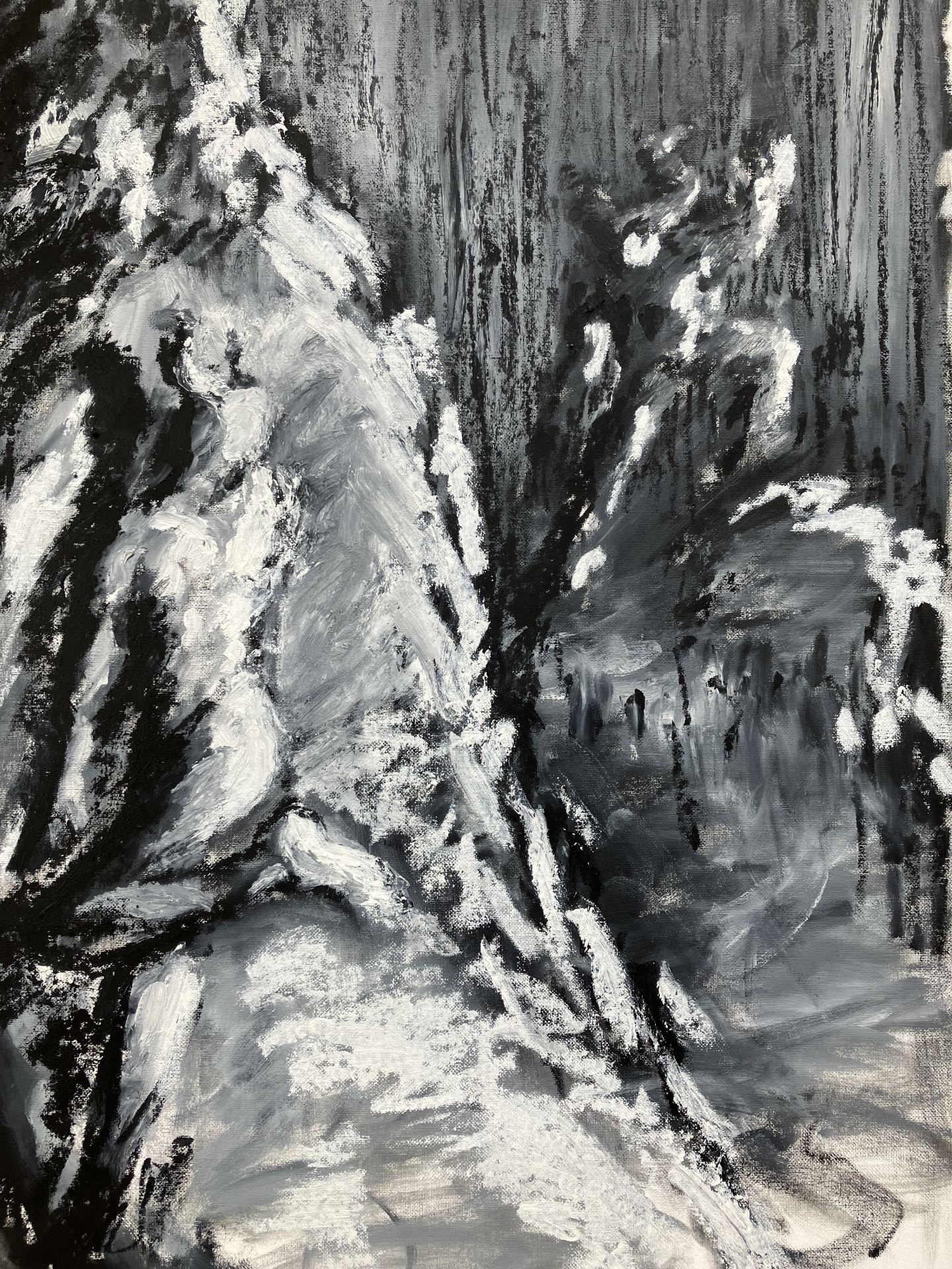 A black and white painting showing two figures in a cave-like environment.
