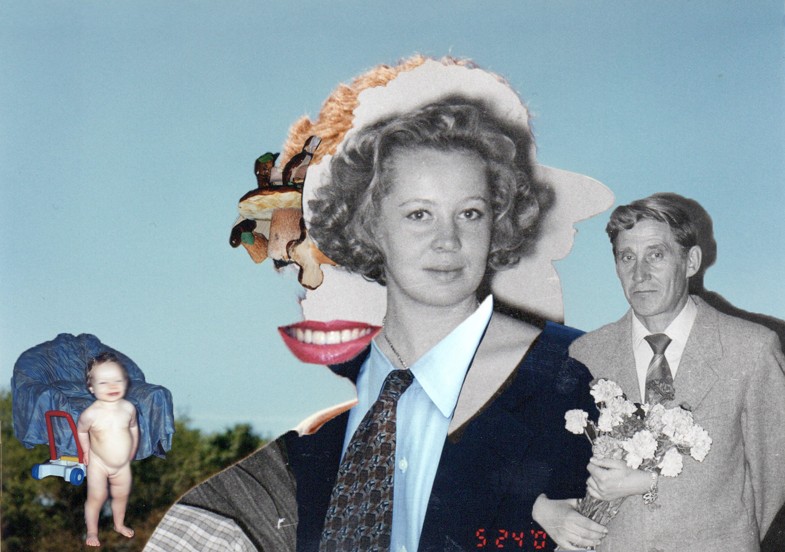A photoshop collage of a family photo, superimposed over an image of a woman.