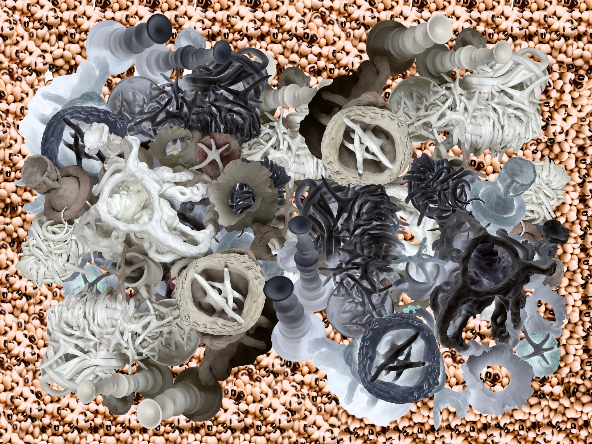 a collage of ceramic wobbly sculptures clustered on a flat bed of bung beans - birds' eye view.