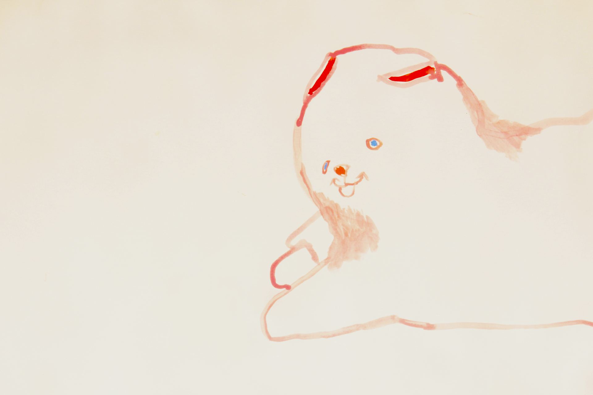 a pink and red watercolour of the front half of a large lying down cat with its back disappearing off the page.