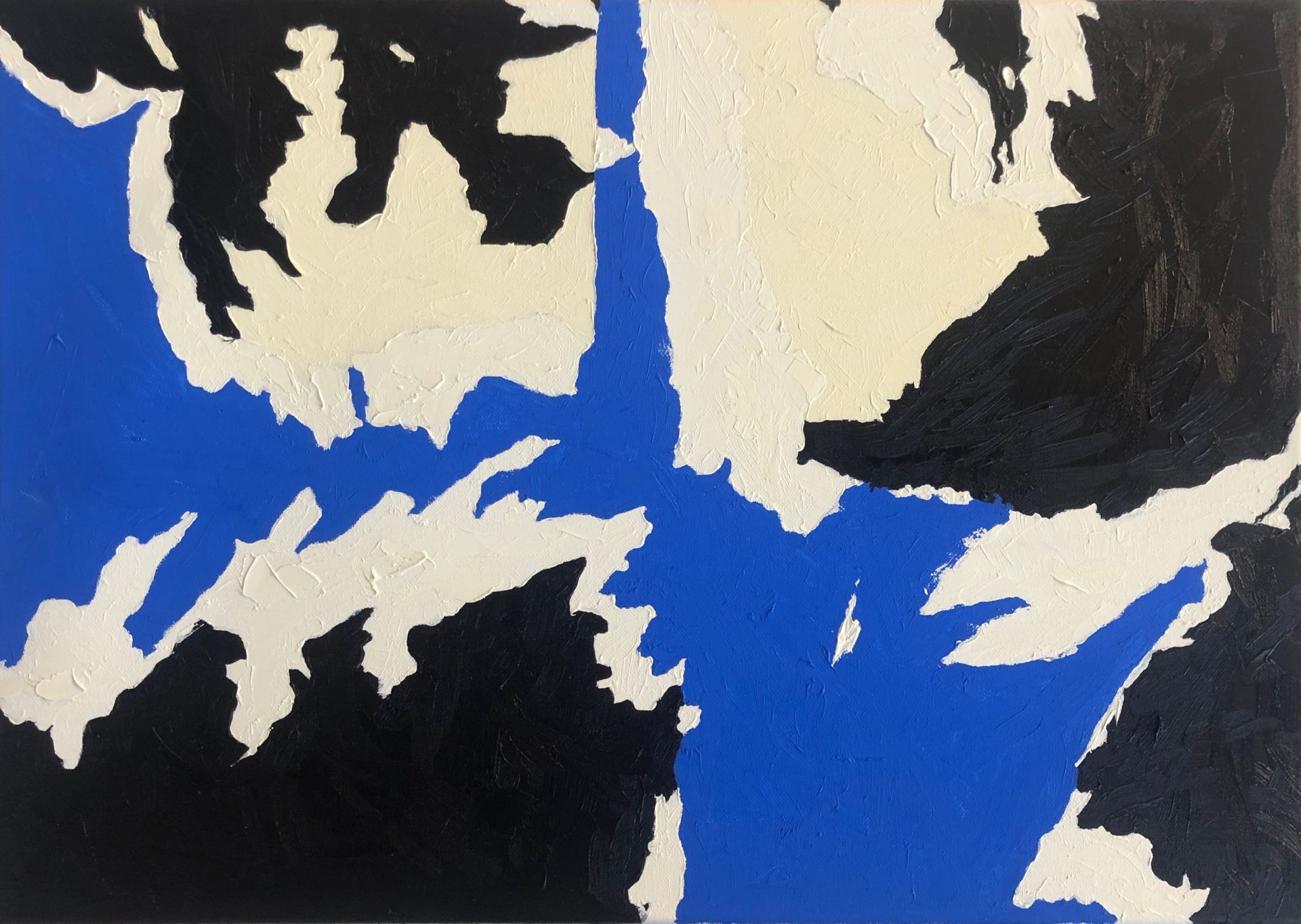 A blue, white and black abstract painting.