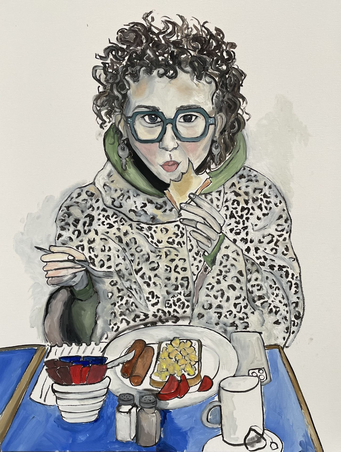 A painting of a person in a leopard skin coat eating a cooked breakfast.