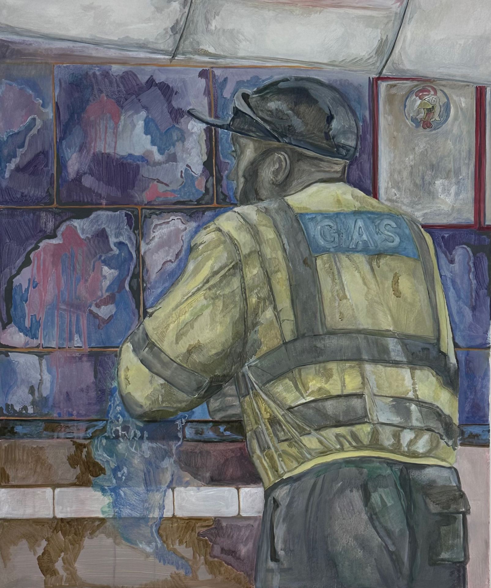 An oil painting of a gas worker in a chicken shop.