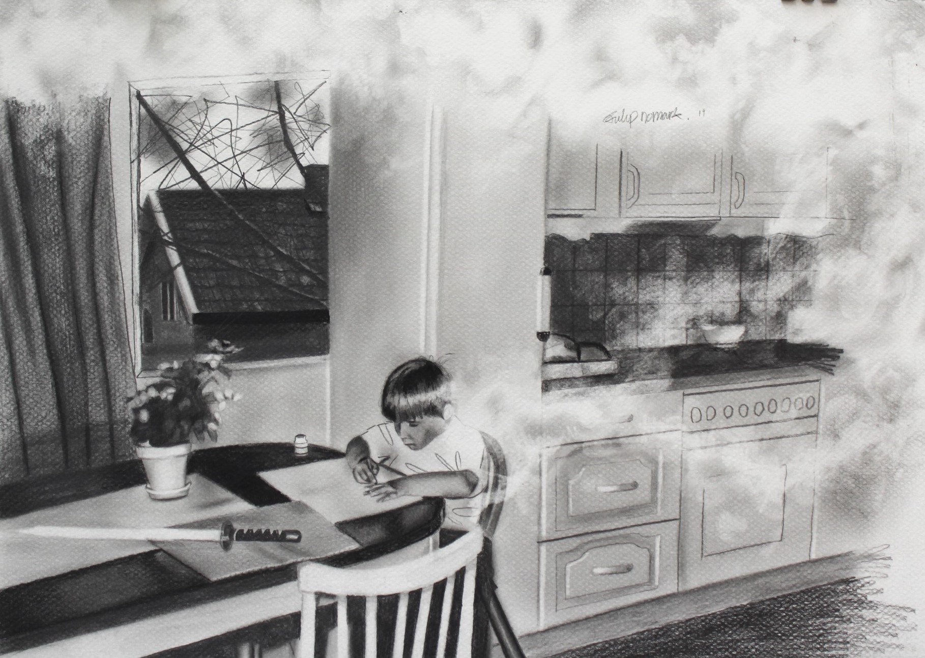 A graphite drawing of. child at a kitchen table surrounded by smoke.