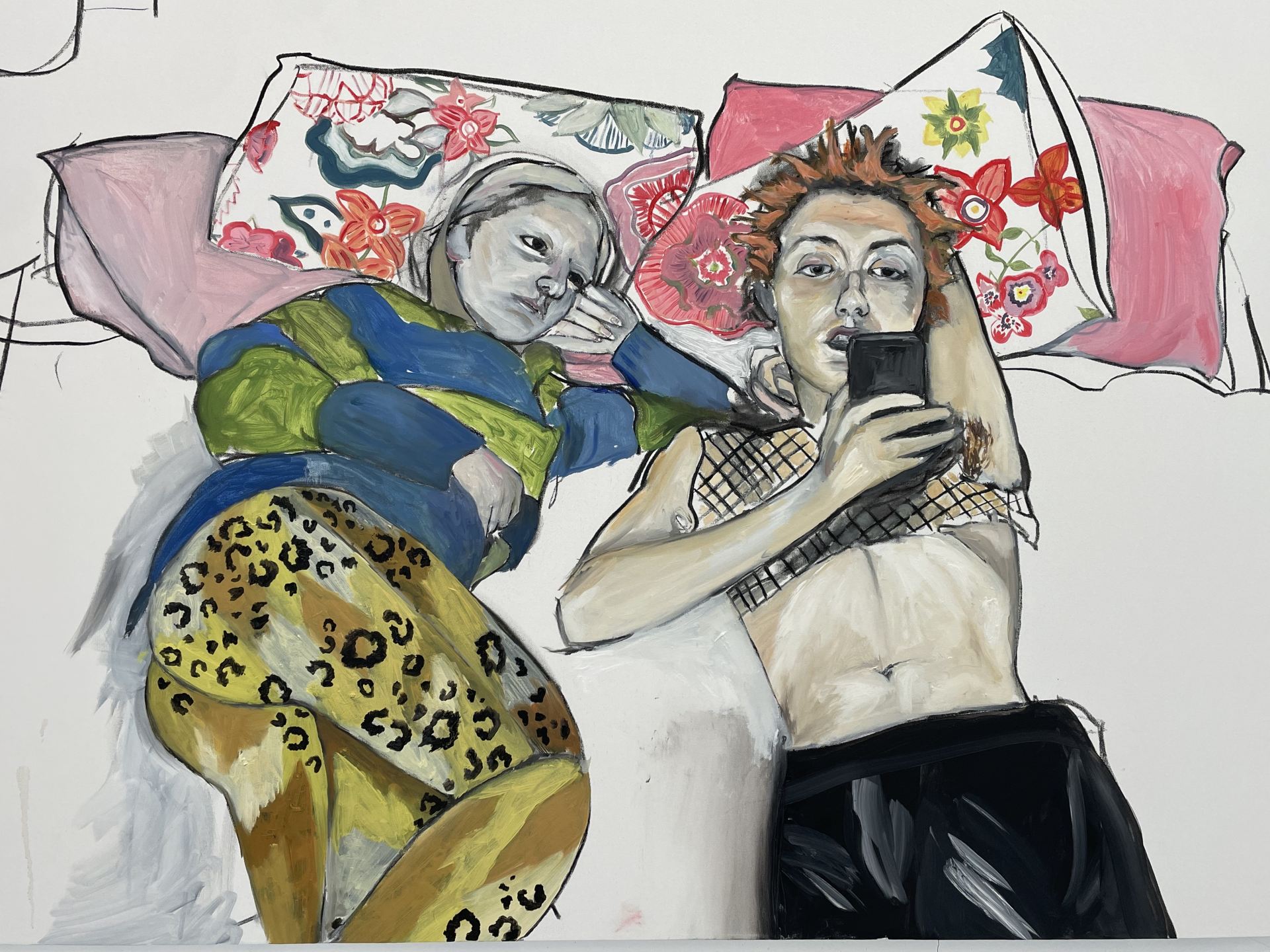 A painting of two people laying on a bed looking at a phone.