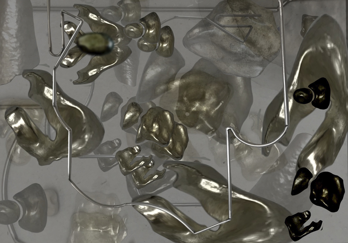 A digital collage comprised of images of cast pewter sculptures, a welded metal frame, and a beaten metal sculpture, set against a grey background.