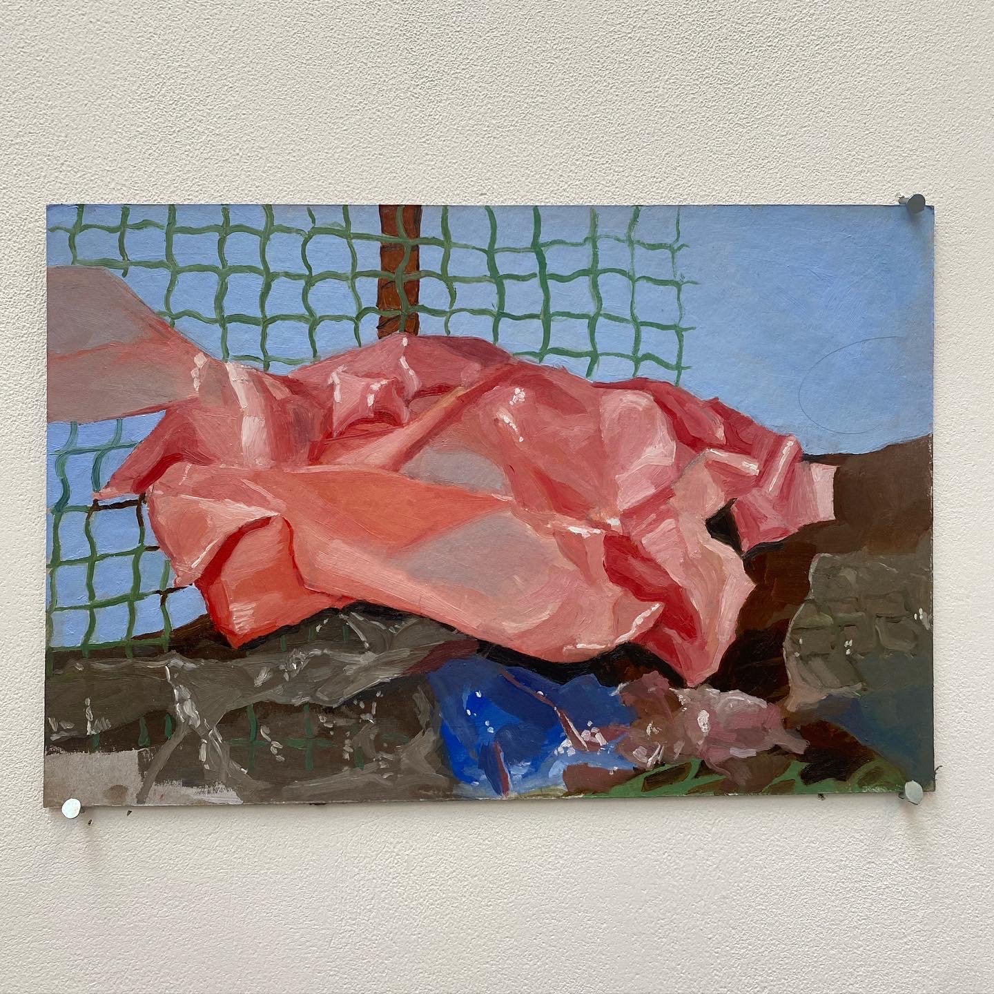 An oil painting of pink rubbish against a sky blue background.