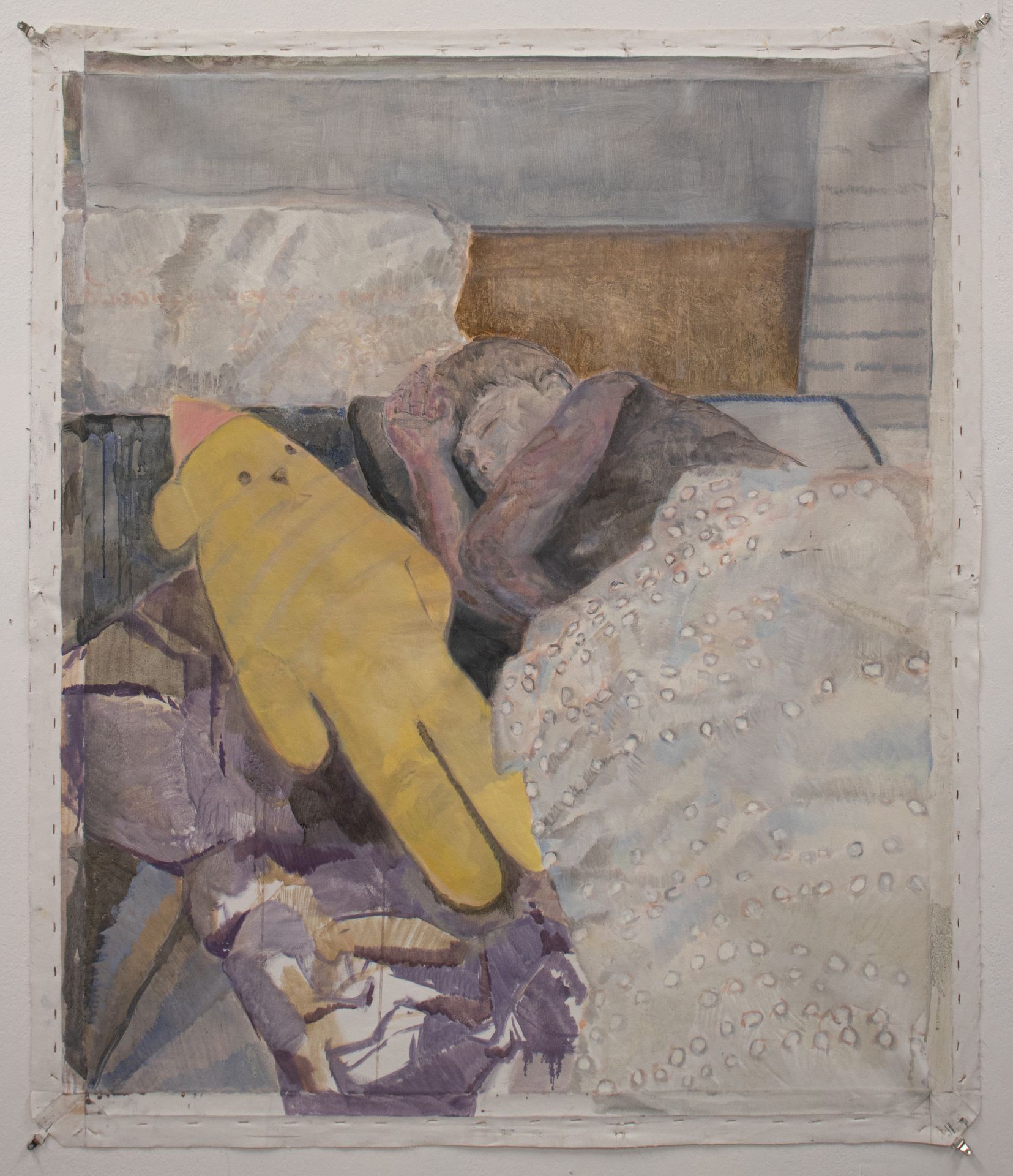 An oil painting of a person sleeping with a yellow soft toy
