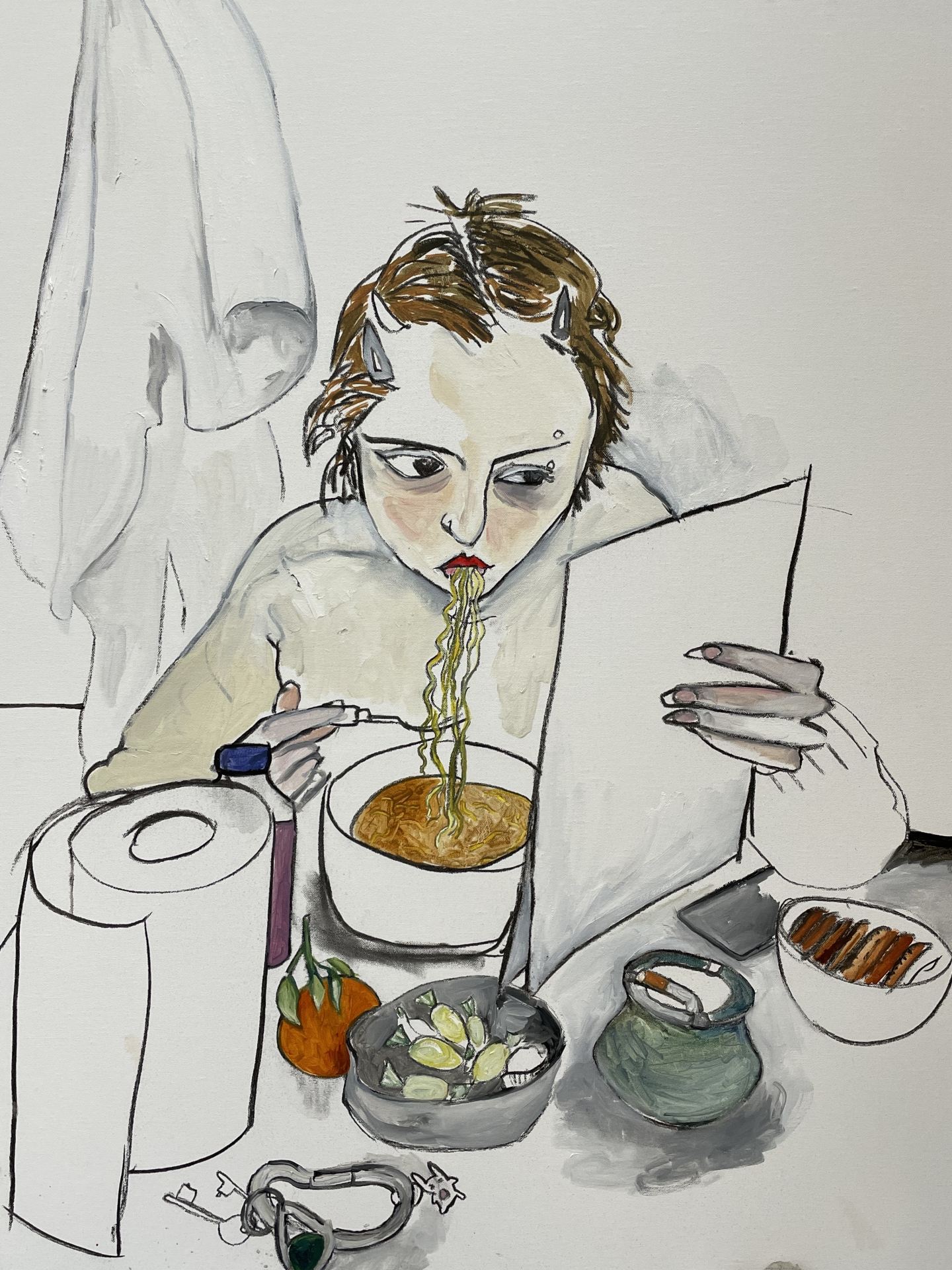 A painting of a person eating noodles and reading at a dining table.
