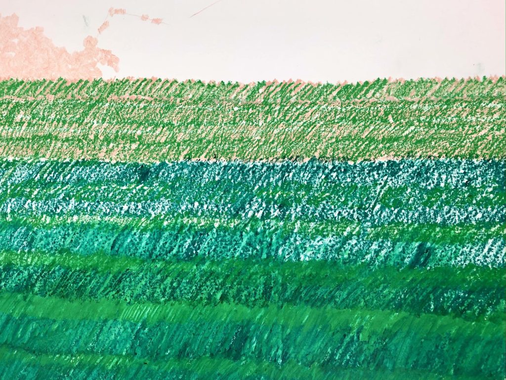 An image of a green landscape drawn with oil pastels.