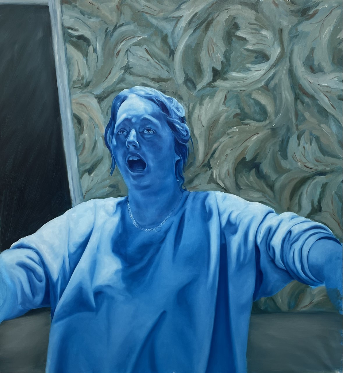 A painting of a blue woman in a t-shirt shouting against. a swirling, grey and brown background.