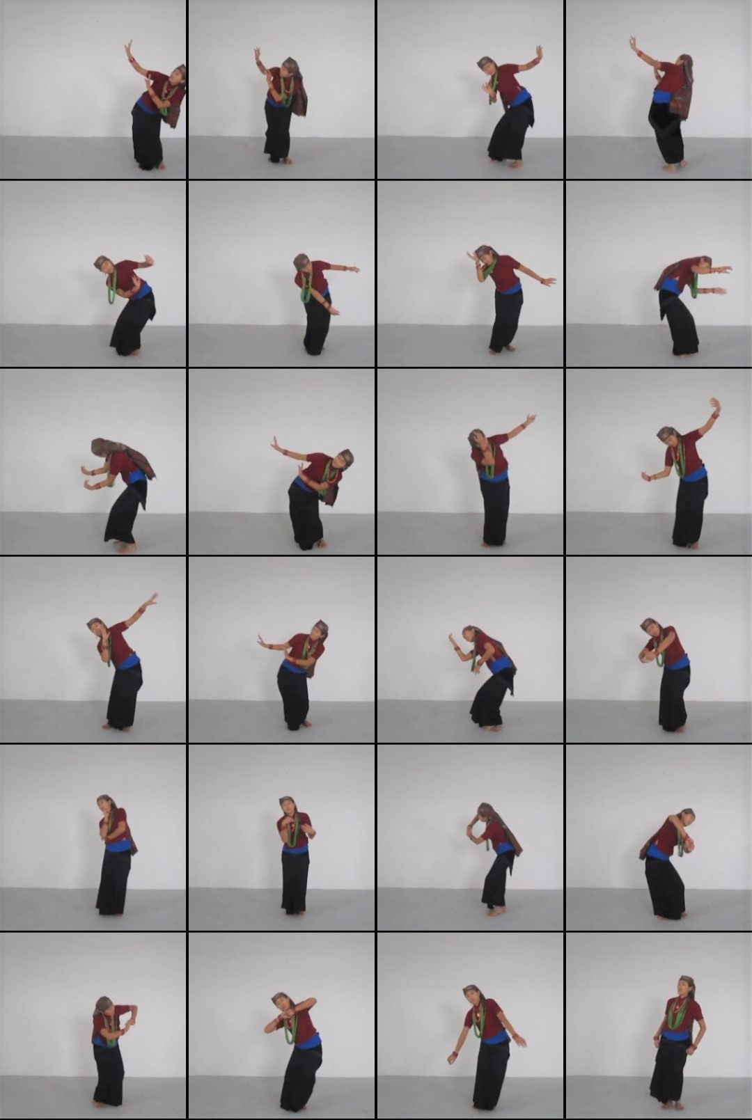 A 4x6 grid of images depicting the artist performing a Tamu/Gurung ghatu dance against a grey background.