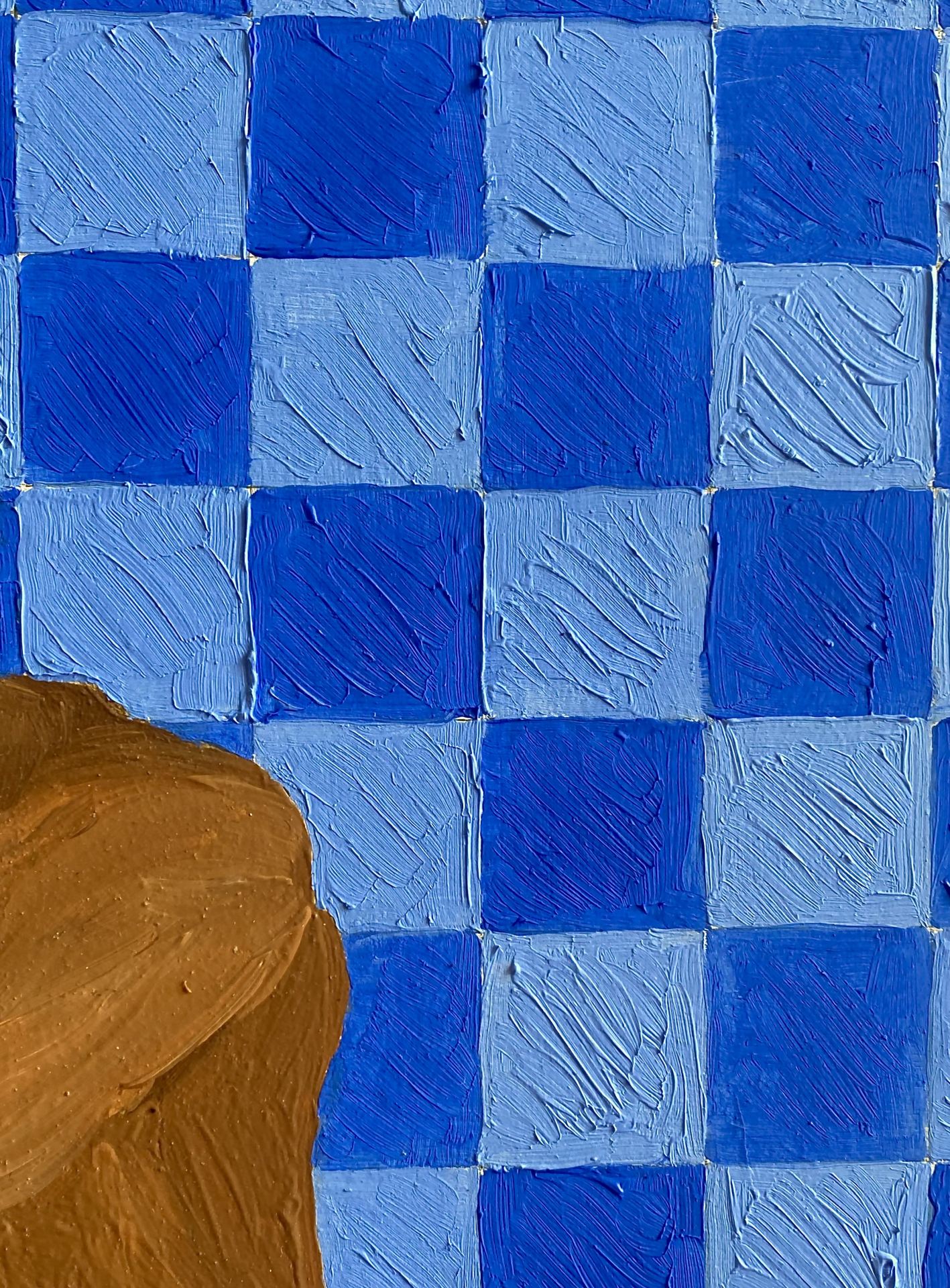 A detail from an oil painting
depicting a male figure sitting in a contemplative position in front of blue tiles.