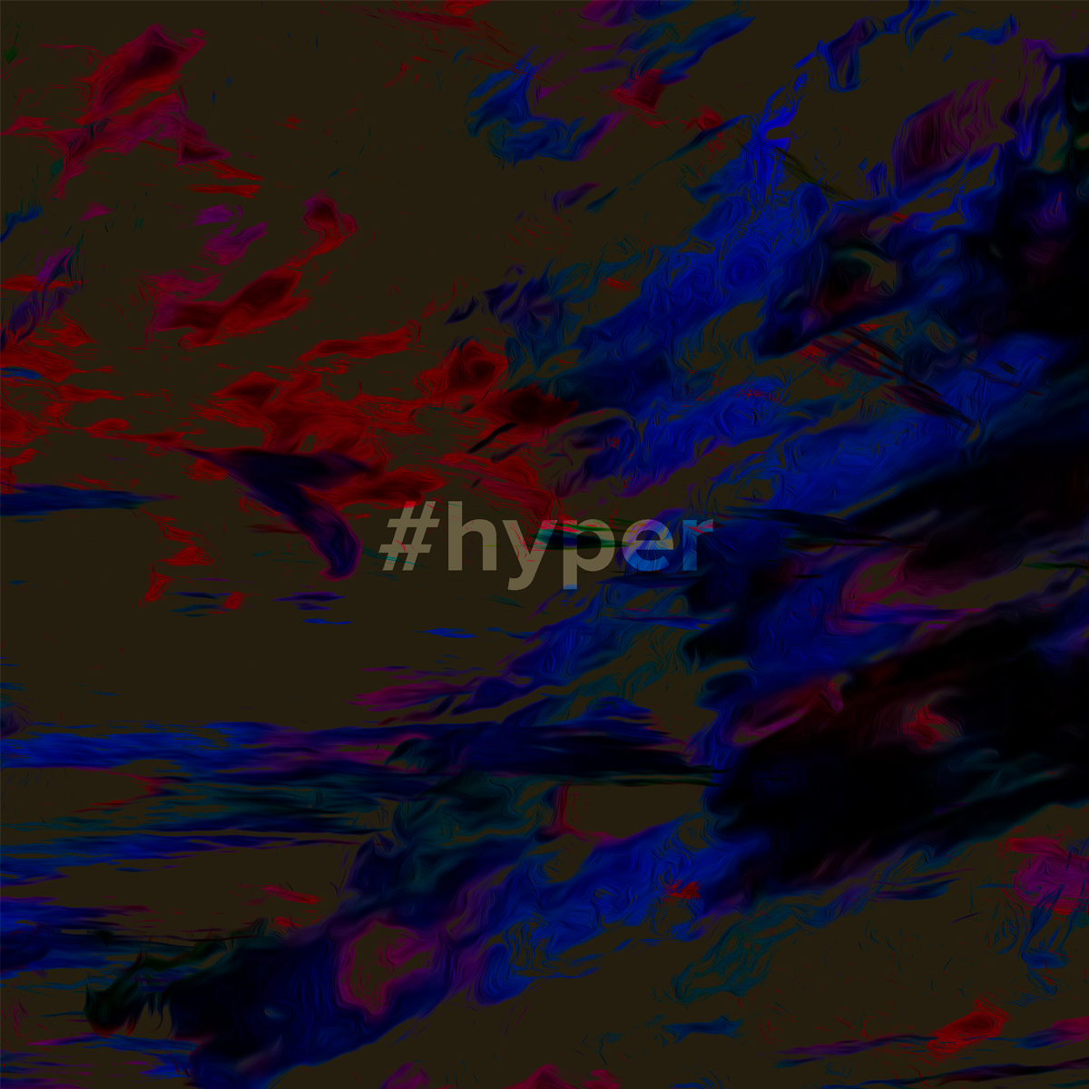 A black square with red and blue digital paint splatters over it. Beneath the splatters is the word "#hyper" in white.