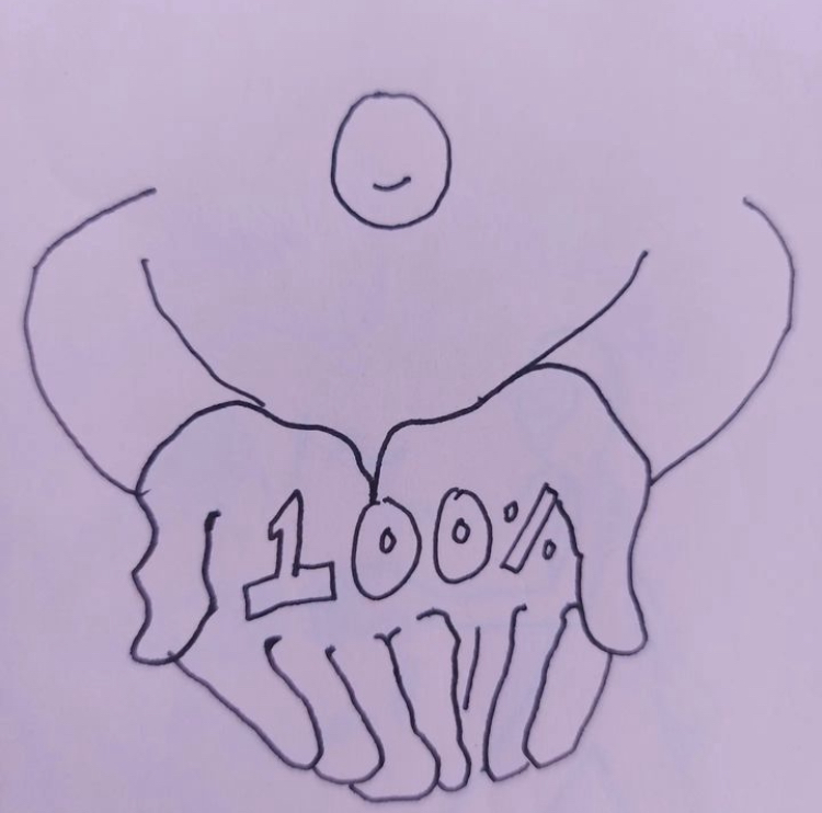 A black line drawing of smiling figure extending the figure of 100% against a purple background.
