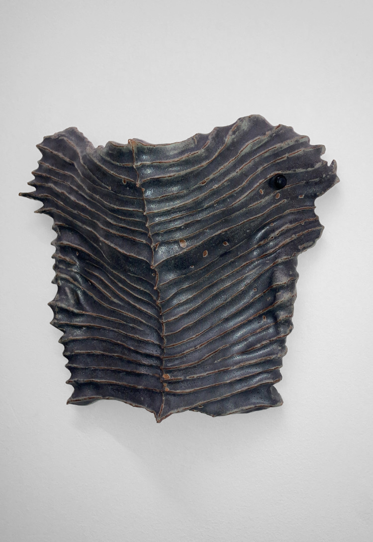 An image of a black ceramic object hung on a white wall.