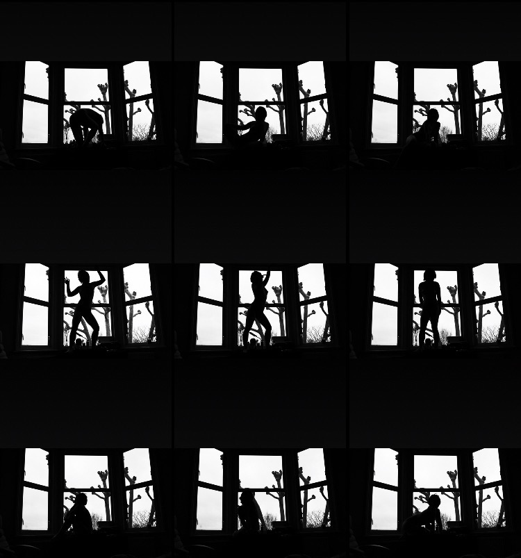 A 3x3 grid of nine performance stills of a silhouette of the artist performing against a white, panelled background.