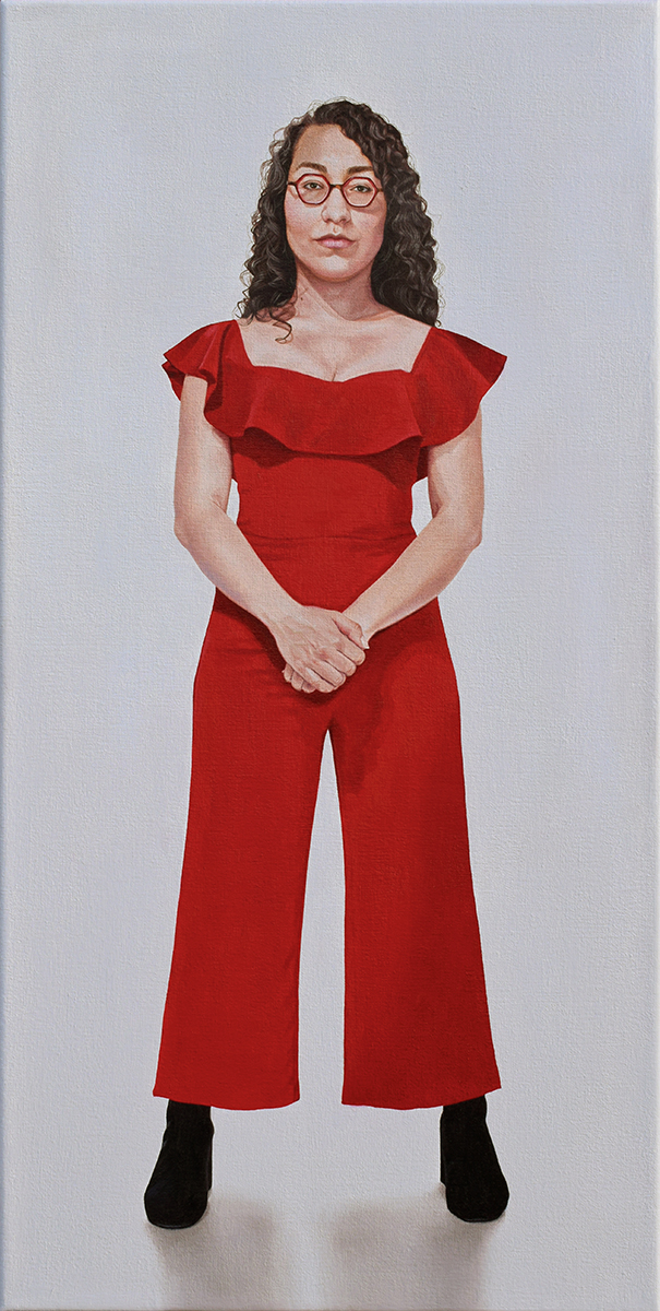 A portrait of a person in a red dress and red glasses against a grey background.