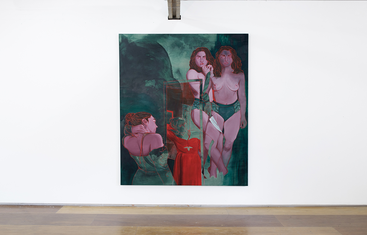 A painting of three people, hung on a white wall.