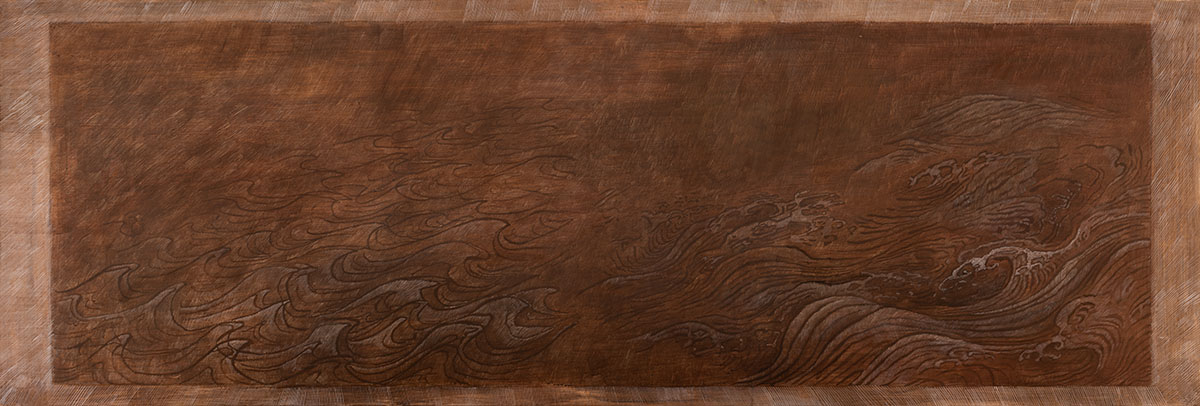 A brown painting of an ocean.
