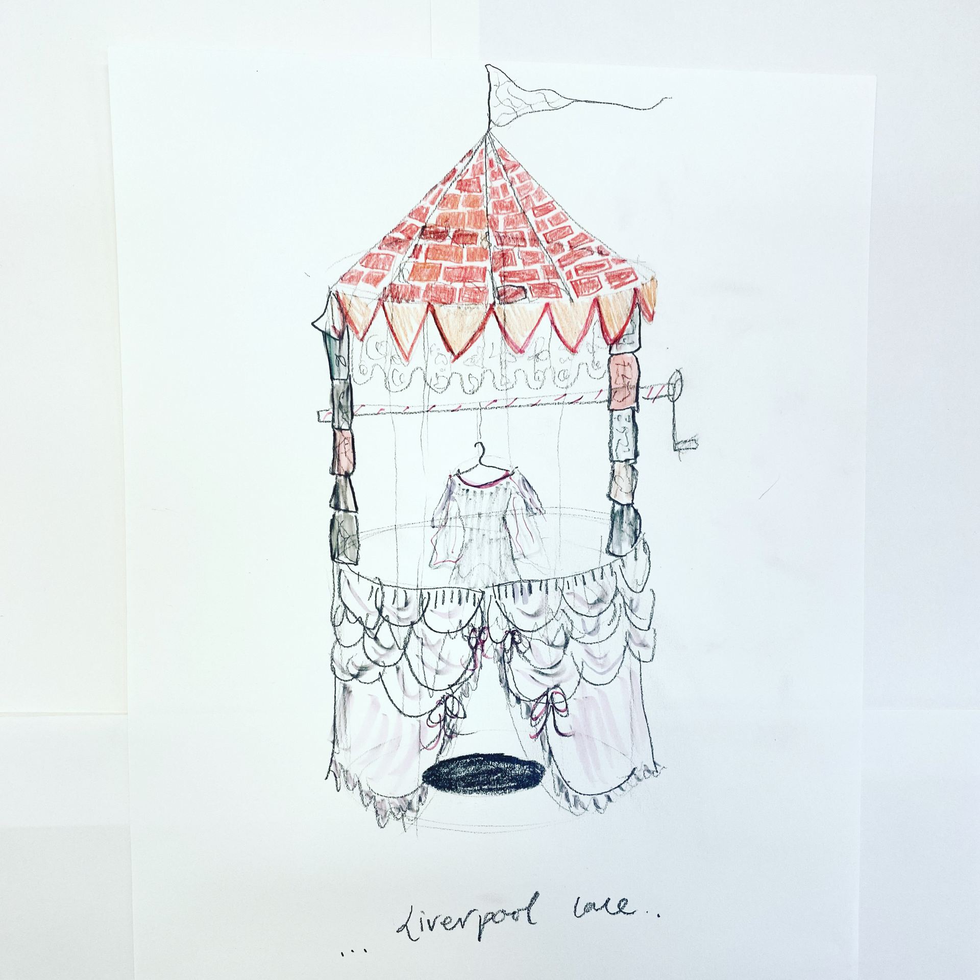 A drawing of a well with a dress hanging inside. The colours are pastel. The roof is brick and there are draped net curtains around the side.