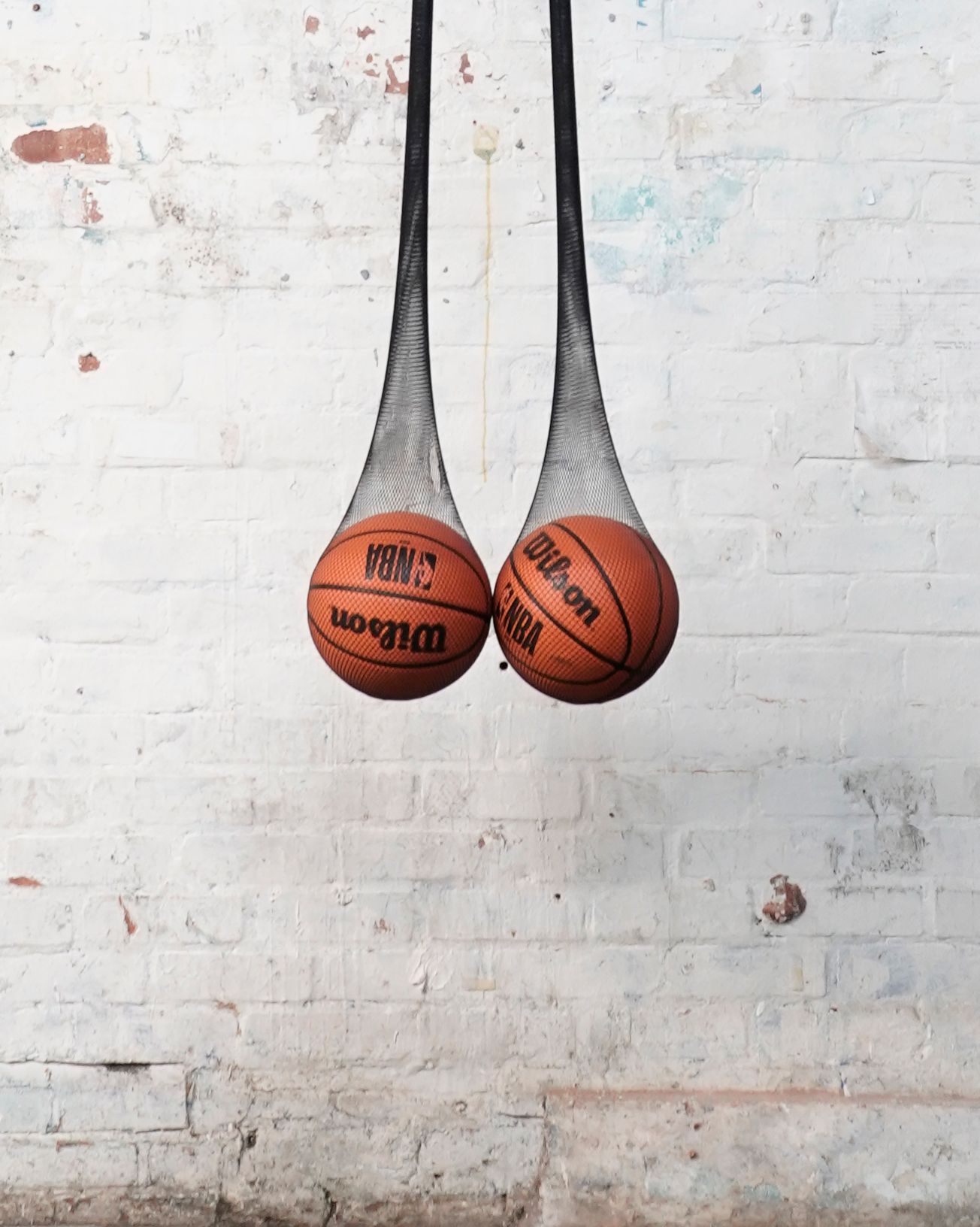An image of a basketball hoop, the net of which holds two basketballs.