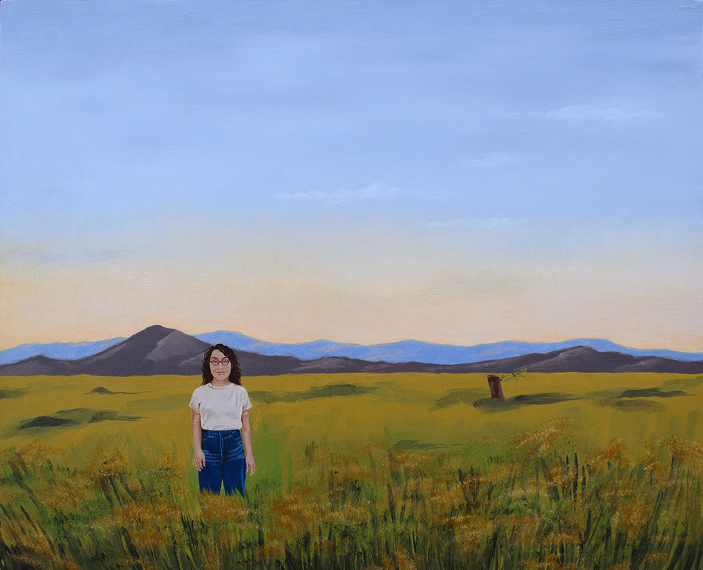 A painting of a person in a grassy landscape.